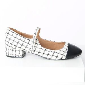 Unique Vintage Bamboo White & Black Window Pane Plaid Tweed Mary Jane Heels